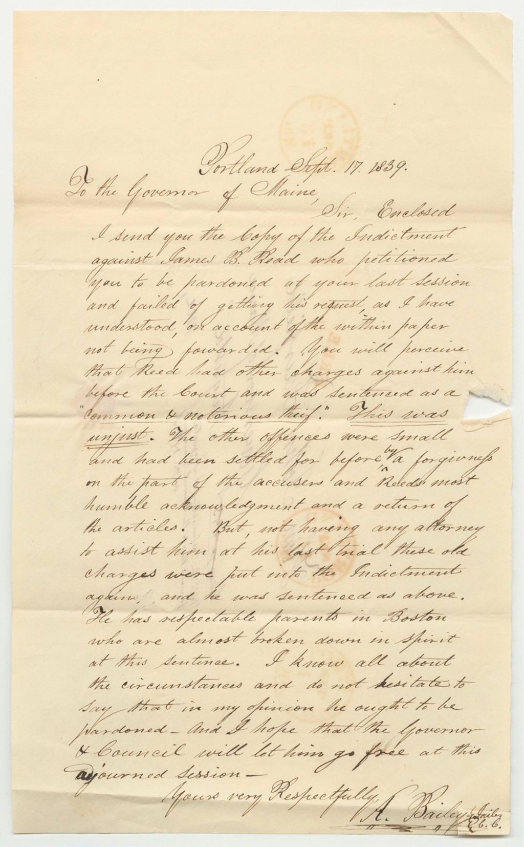 Miniature of Communication from A. Bailey, Warden, Relative to the Pardon of James B. Reed
