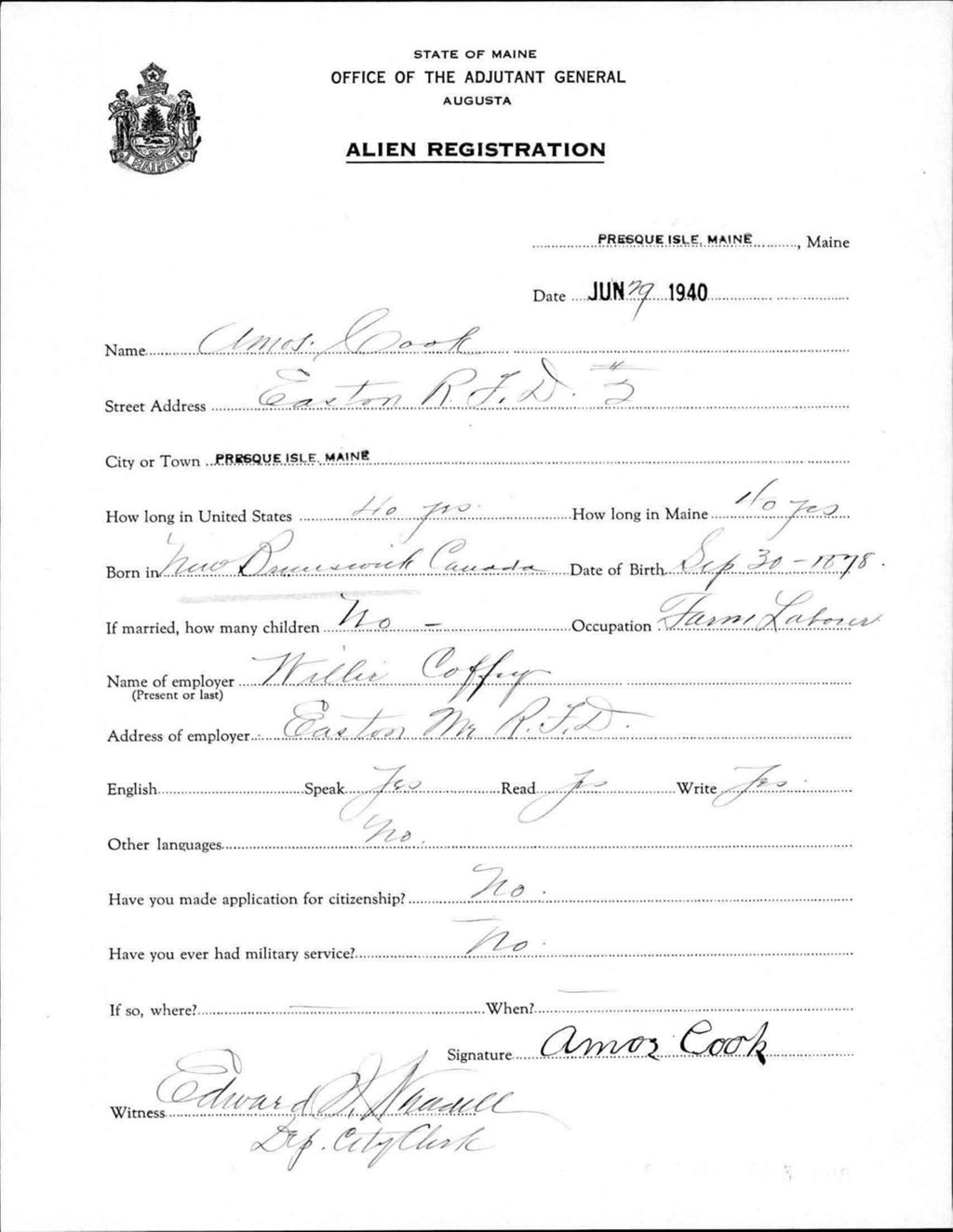 Miniature of Alien Registration- Cook, Amos (Presque Isle, Aroostook County)
