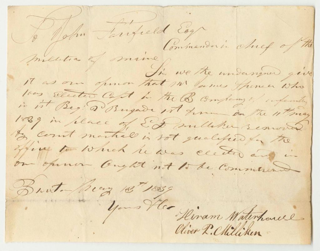 Miniature of Petition of Hiram Waterhouse and Oliver Milliken Against the Election of James Spencer as Captain of the B Company