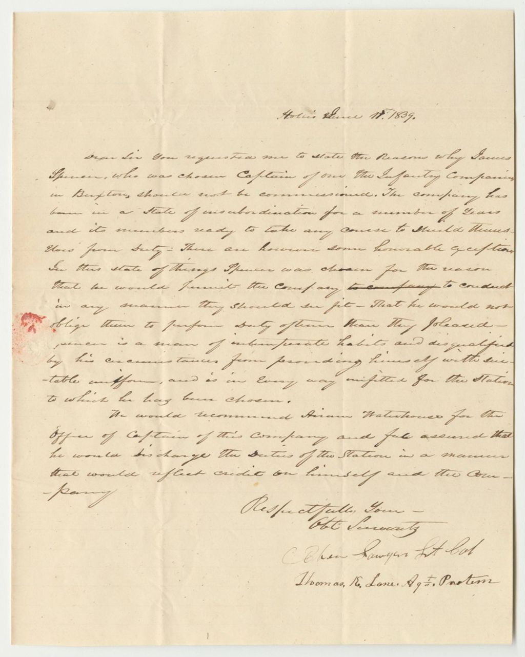 Miniature of Letter from Ebenezer Sawyer and Thomas Lane, Listing Reasons James Spencer Should Not be Captain of the B Company