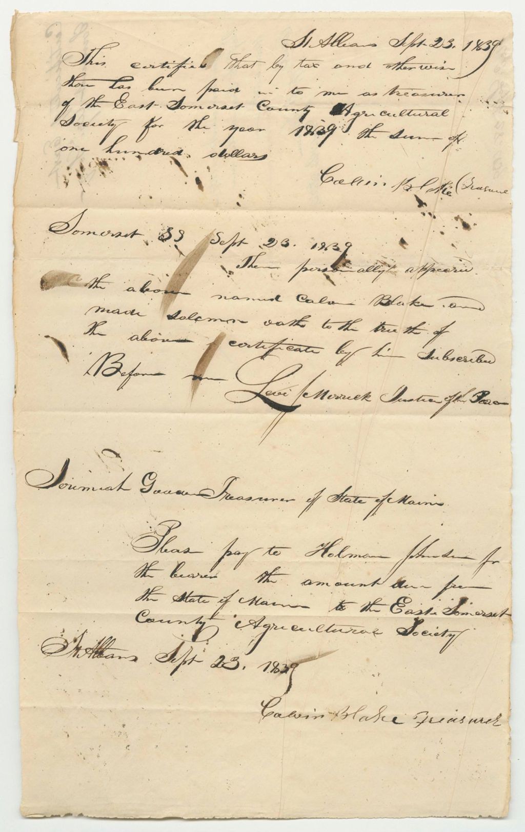 Miniature of Certificate of Calvin Blake, Treasurer of the East Somerset Agricultural Society