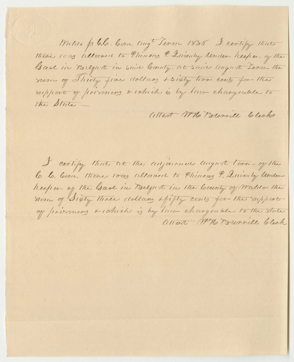 Miniature of William Burrill's Certificates of the Gaoler's Account in Waldo County, August Term 1839