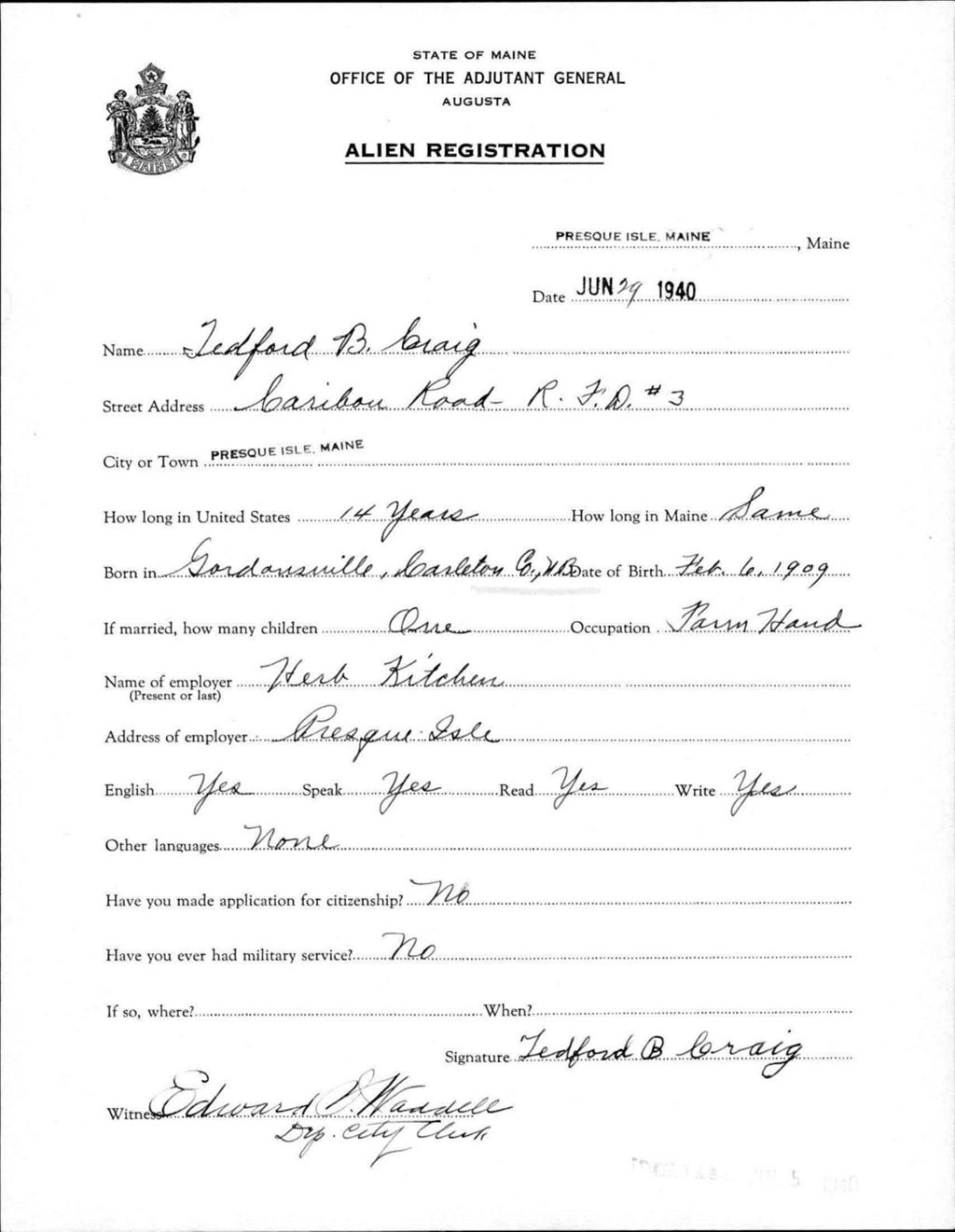 Miniature of Alien Registration- Craig, Tedford B. (Presque Isle, Aroostook County)