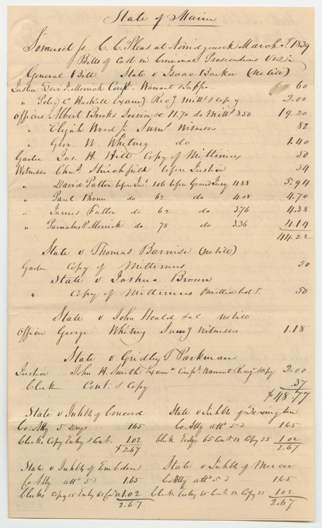Miniature of Bills of Cost at the Court of Common Pleas in Somerset County, March Term 1839