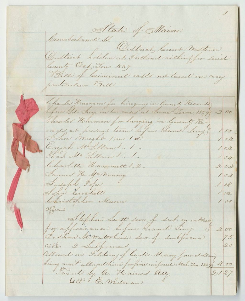 Miniature of Bills of Criminal Costs at the District Court Western District in Cumberland County, October Term 1839