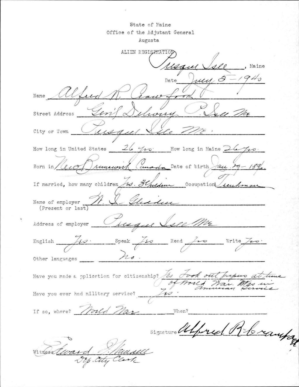 Miniature of Alien Registration- Crawford, Alfred R. (Presque Isle, Aroostook County)