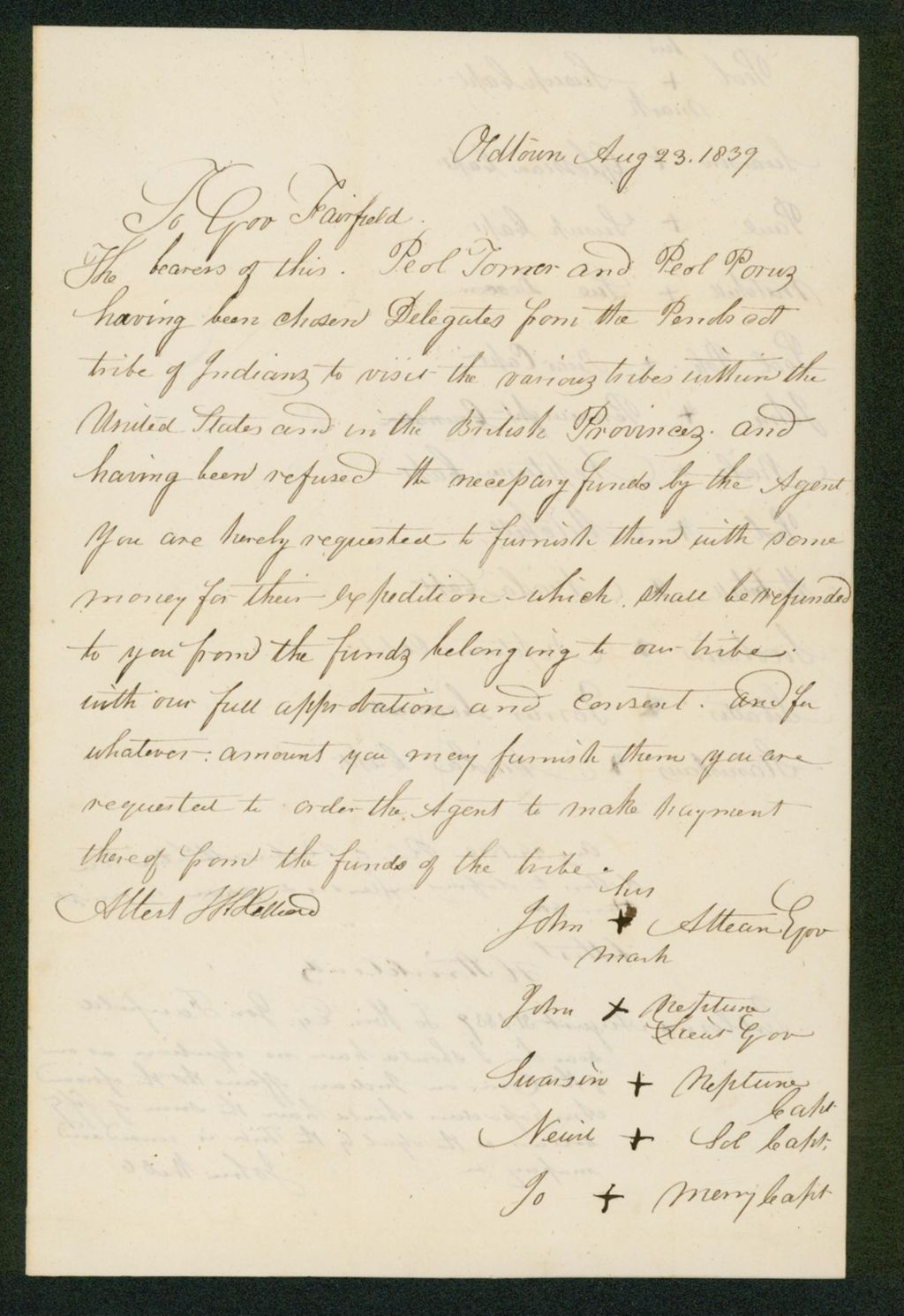 Miniature of Petition of the Penobscot Indians for Peol Tomer and Peol Poruz to visit other tribes in the United States and British Provinces