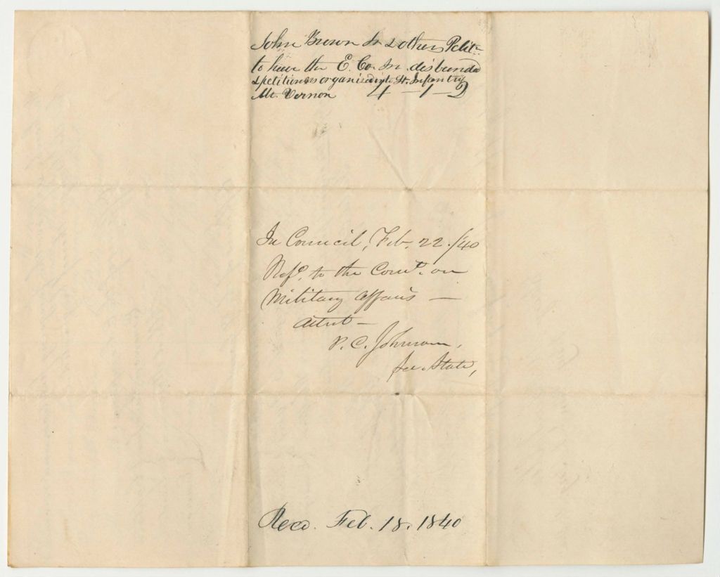 Miniature of Petition of John Brown Jr. and Others to Disband the "E" Company of Infantry in Mt.Vernon and Organize a Light Infantry Company