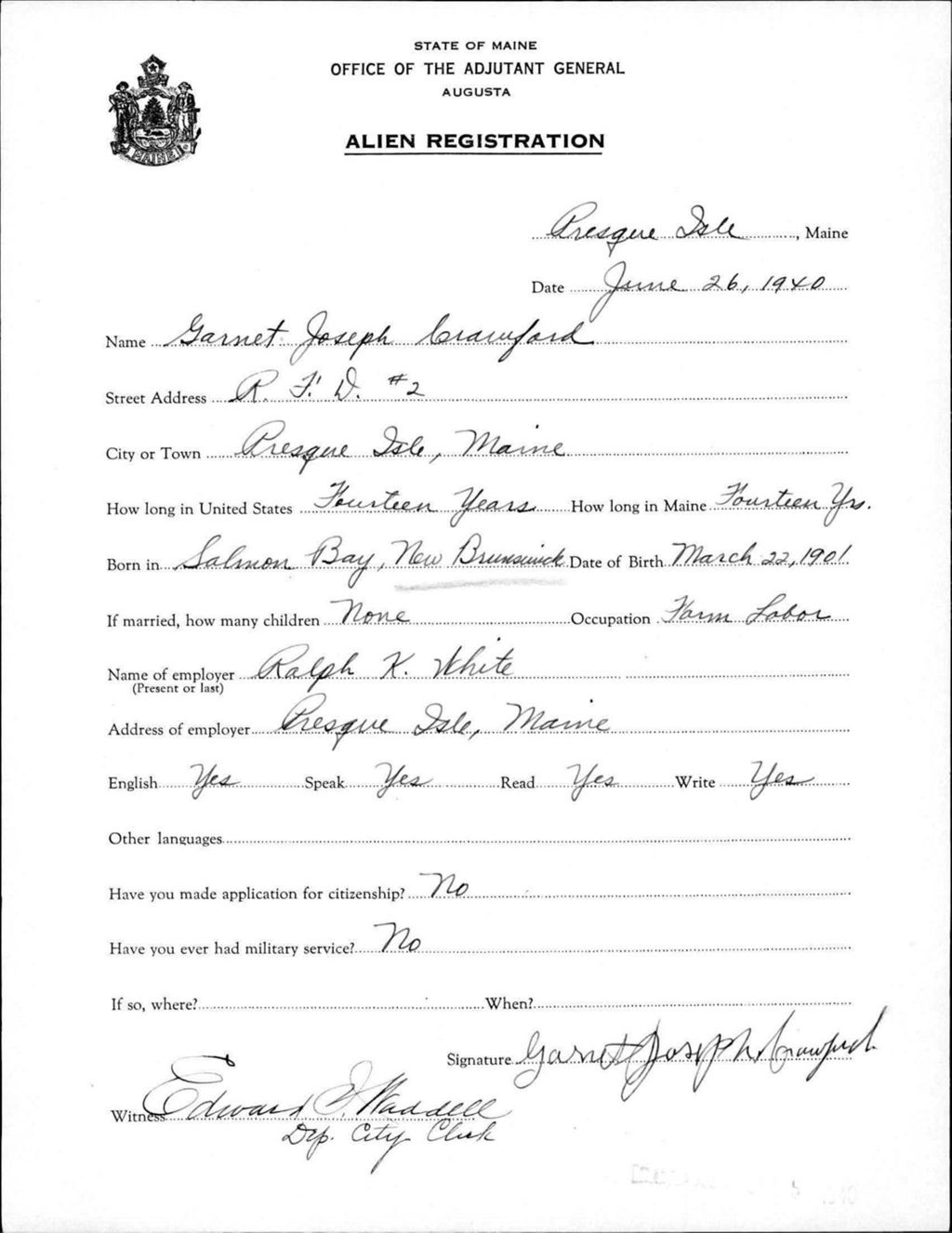 Miniature of Alien Registration- Crawford, Garnet J. (Presque Isle, Aroostook County)
