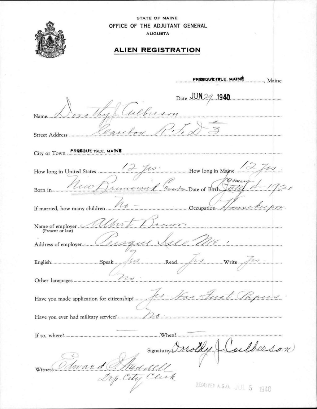Miniature of Alien Registration- Culberson, Dorothy J. (Presque Isle, Aroostook County)