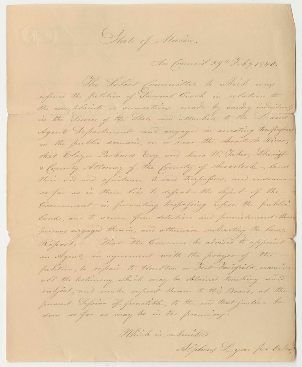 Miniature of Alphues Lyon's Report on the Complaints Against the Sheriff and Attorney for Aroostook County