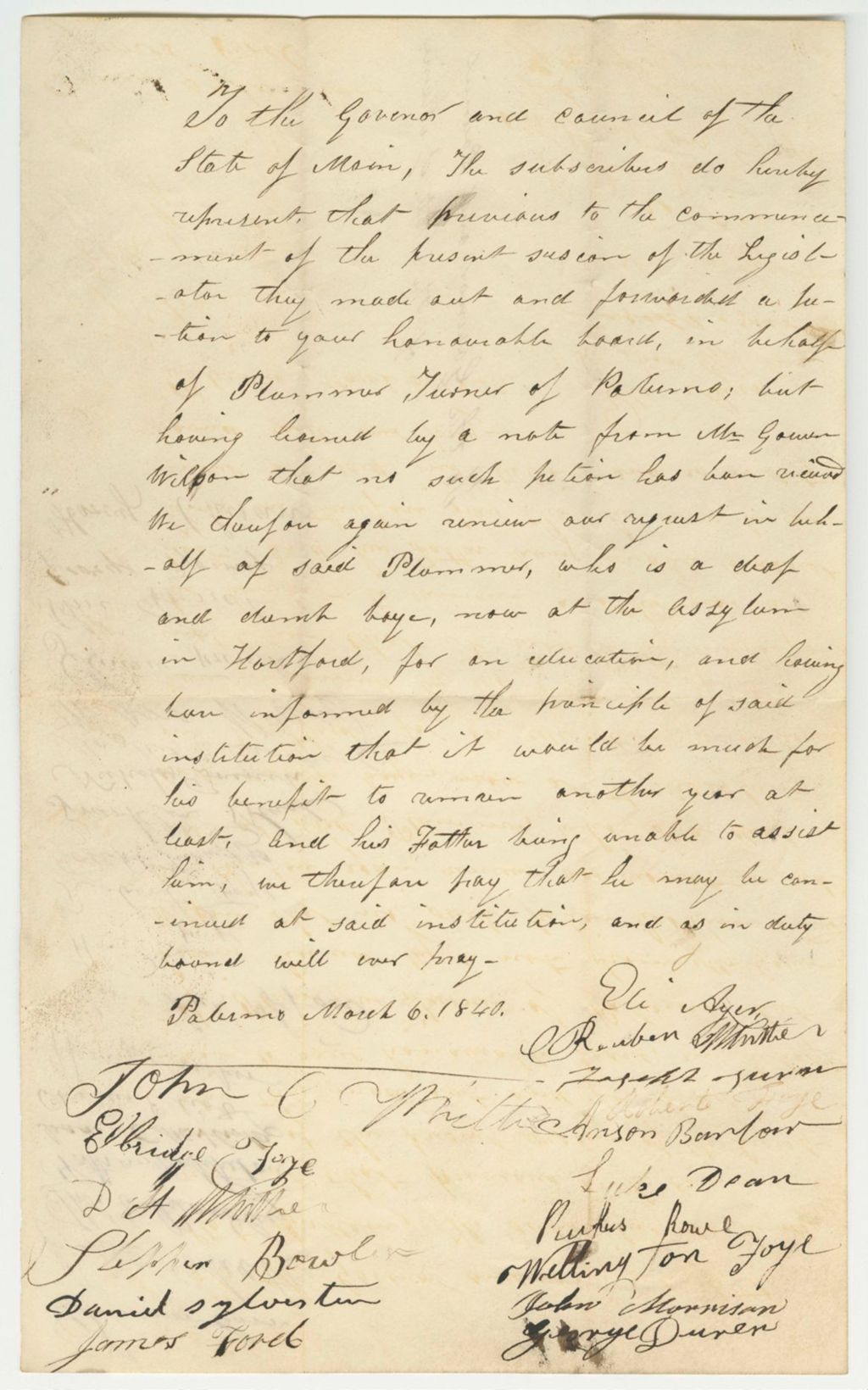 Miniature of Petition for Admission of Plummer Turner to the American Asylum at Hartford
