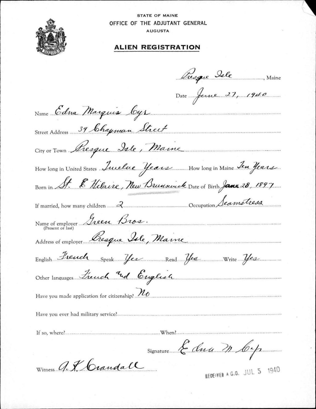 Miniature of Alien Registration- Marquis, Edna (Presque Isle, Aroostook County)