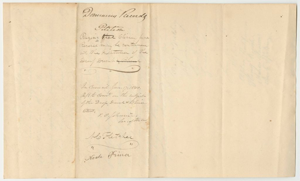 Miniature of Dominicus Ricord's Petition Praying That Olivia Jane Ricord May Be Continued at the Insitution of the Deaf, Dumb, and Blind