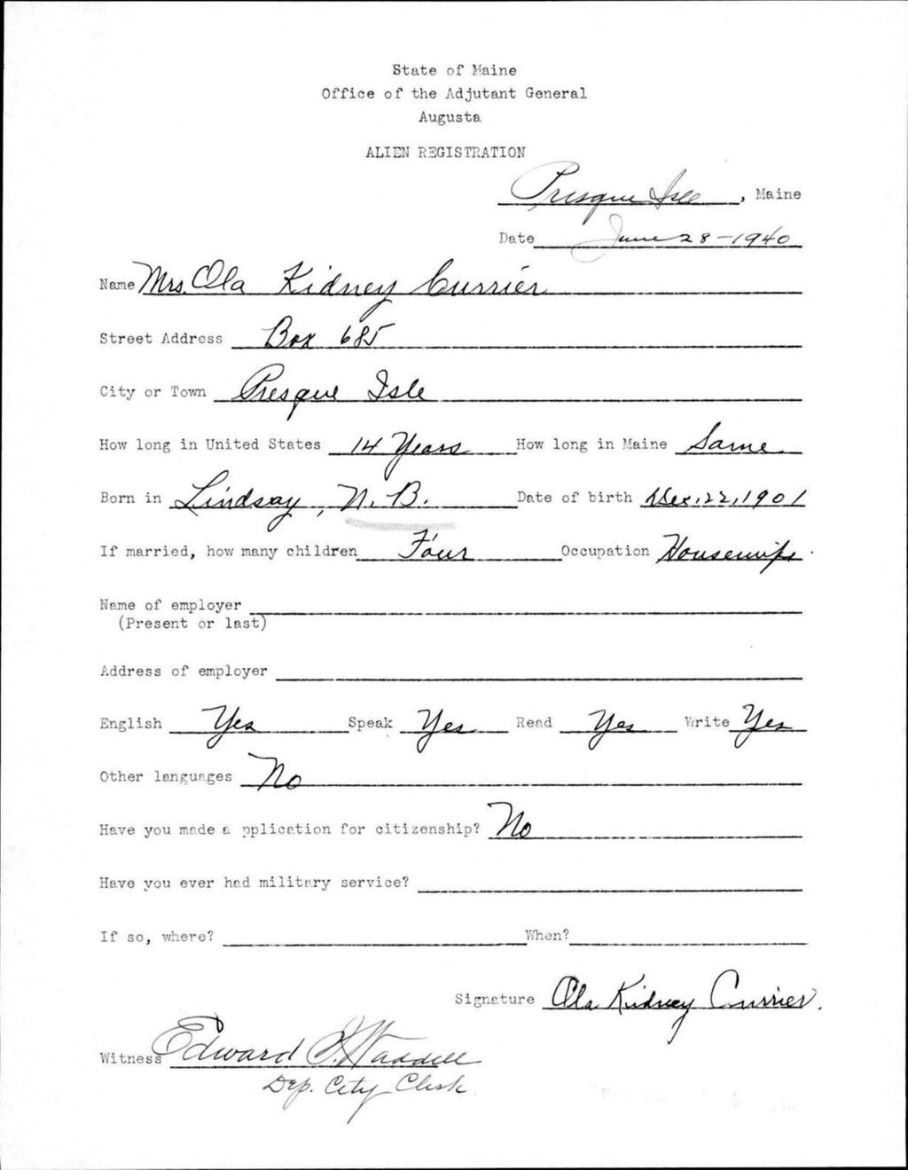 Miniature of Alien Registration- Currier, Ola K. (Presque Isle, Aroostook County)