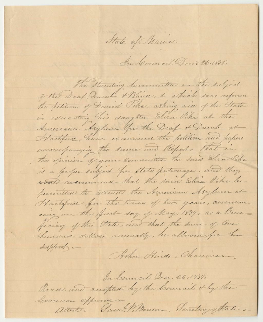 Miniature of Report on the Petition of Daniel Pike for the Aid of the State in Educating His Daughter Eliza Pike at the American Asylum