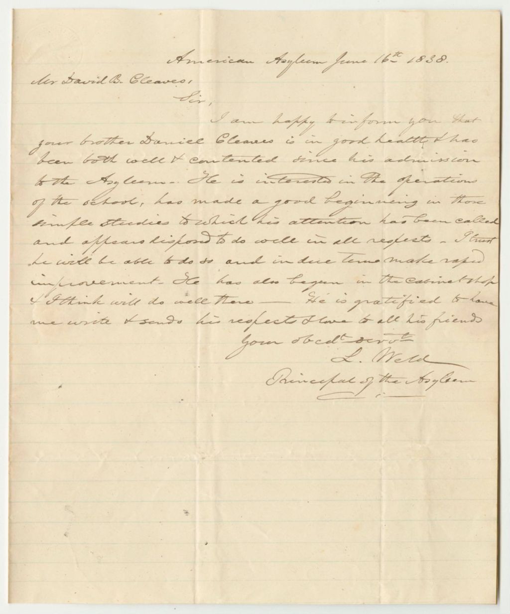 Miniature of Letters from Lewis Weld to David B. Cleave, Informing Him About His Brother David's Health and Prosperity at the American Asylum