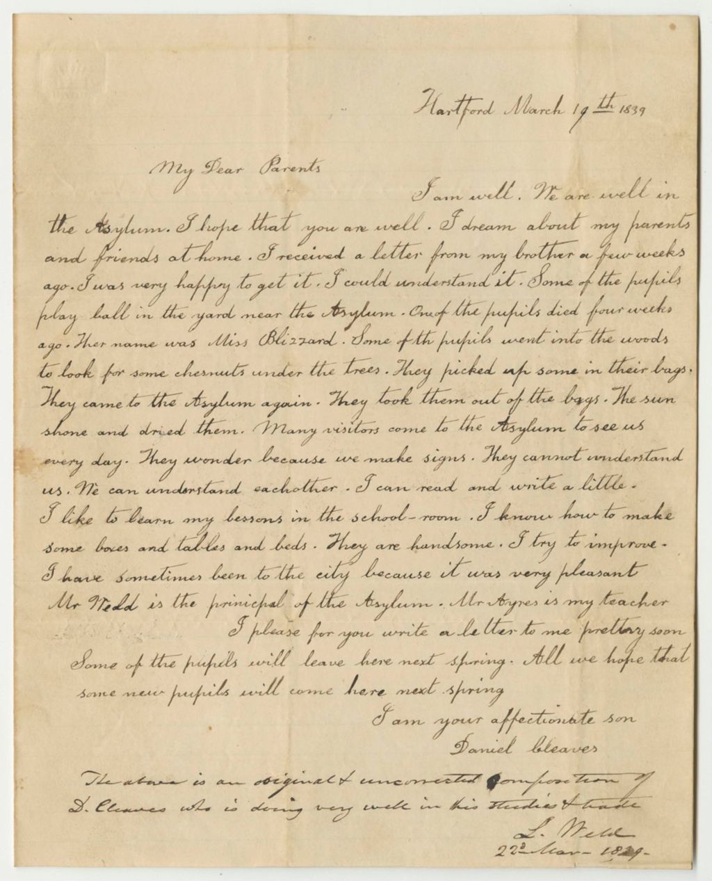 Miniature of Letters from Daniel Cleaves to His Parents, Writing About His Experiences at the American Asylum in Hartford
