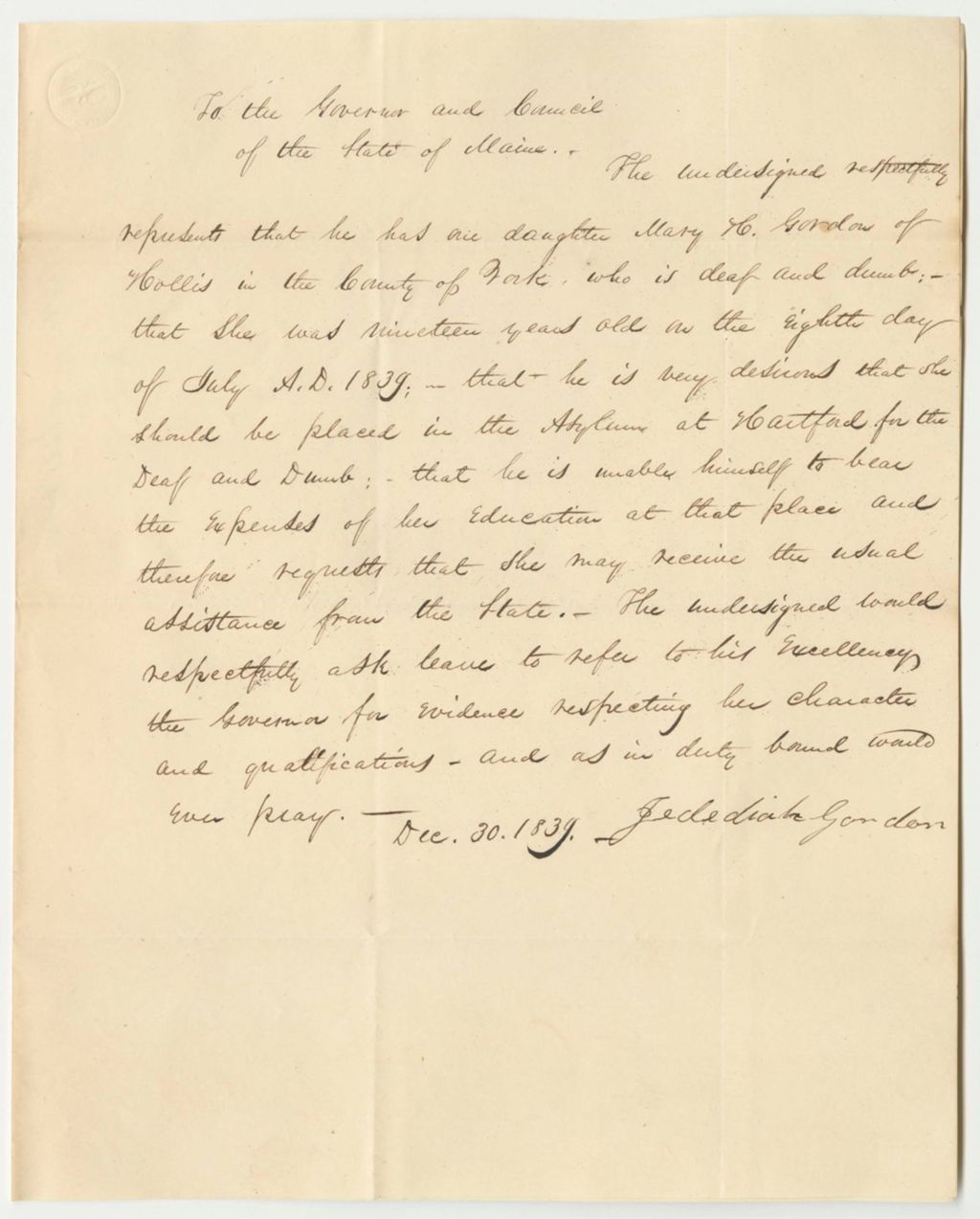 Miniature of Petition of Jedediah Gordon for Admission of His Daughter, Mary H. Gordon, to the American Asylum in Hartford