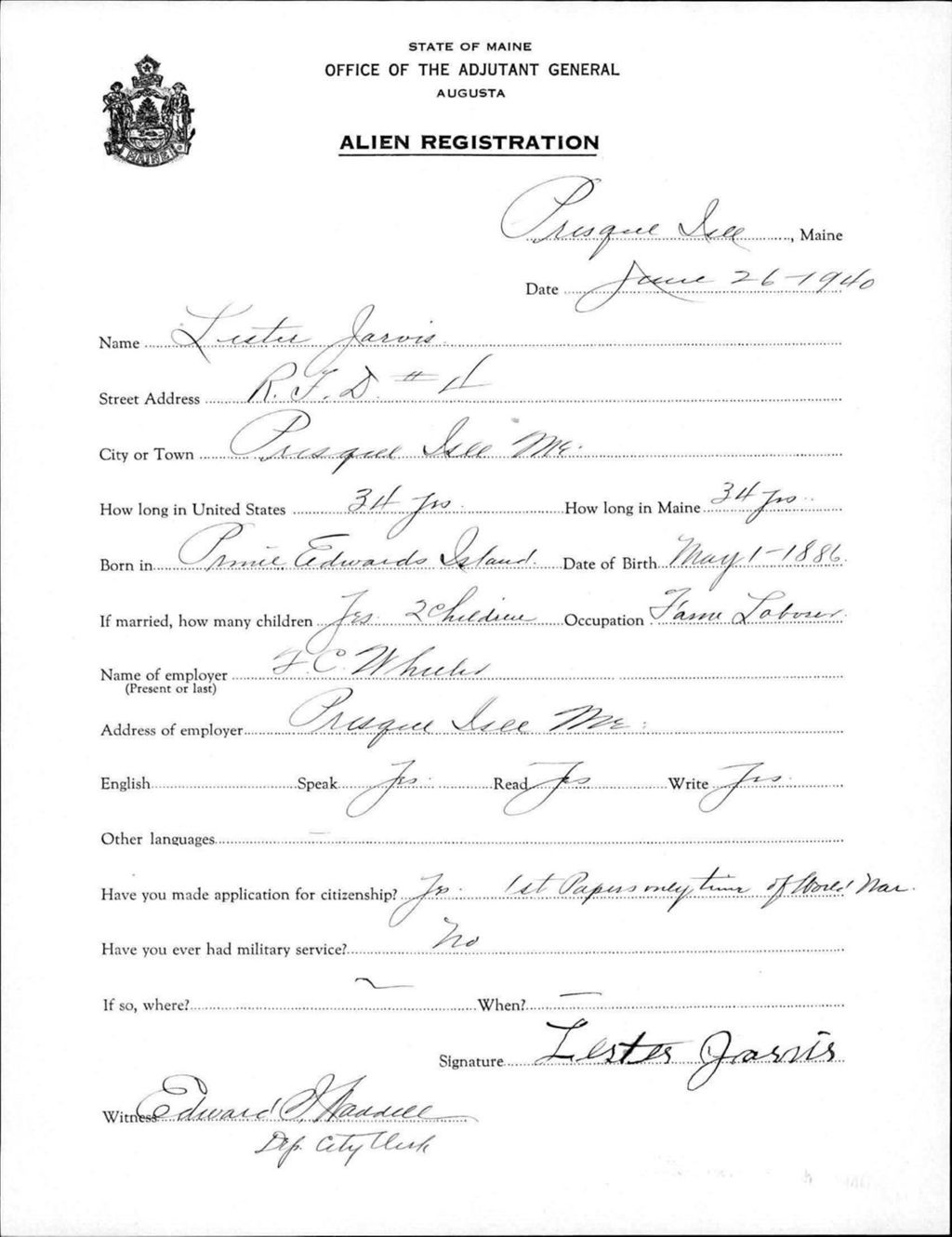 Miniature of Alien Registration- Jarvis, Lester (Presque Isle, Aroostook County)
