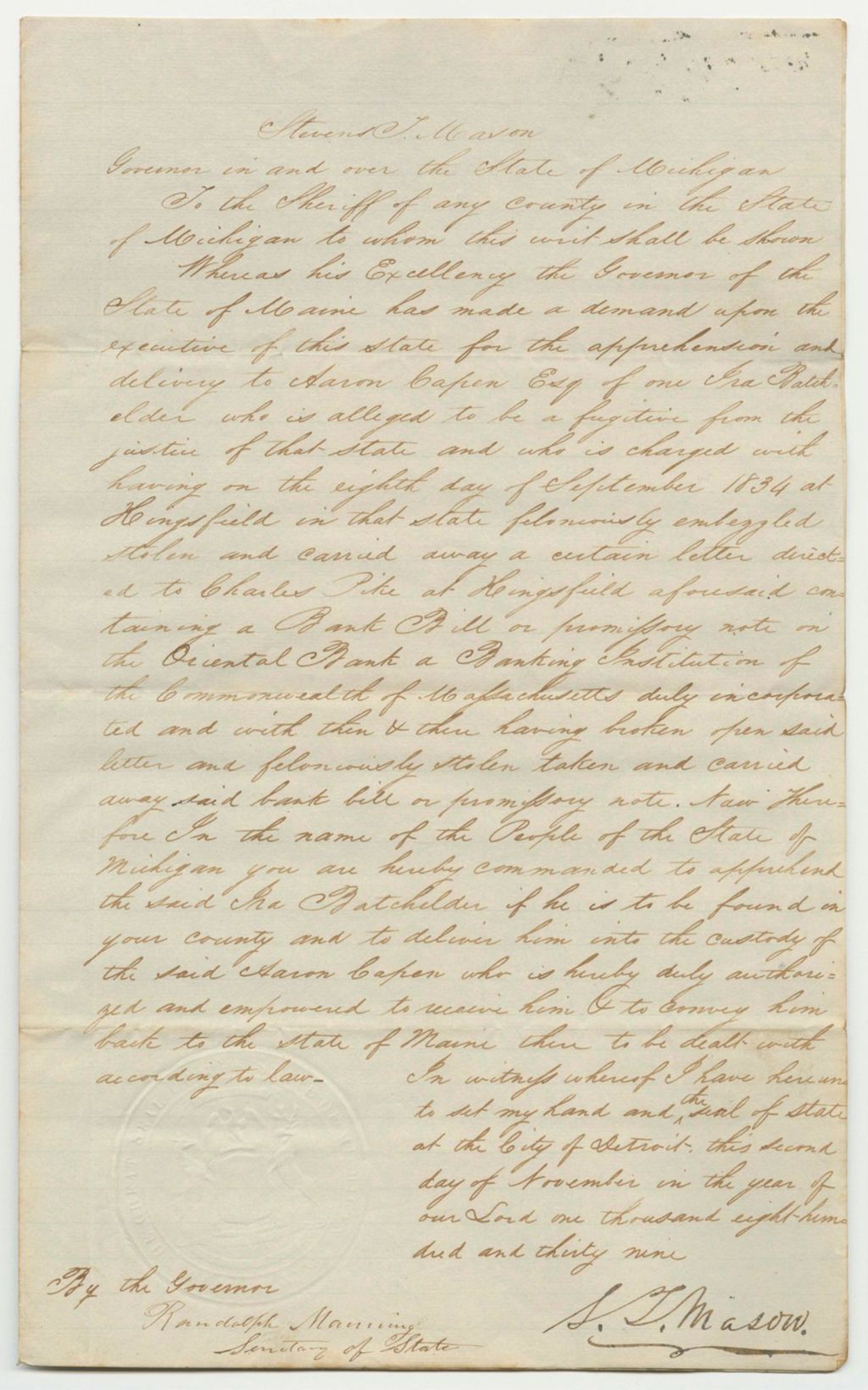 Miniature of State of Michigan Writ to Apprehend Ira Batchelder and Deliver Him to Aaron Capen