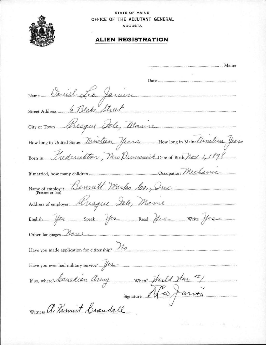 Miniature of Alien Registration- Jarvis, Daniel L. (Presque Isle, Aroostook County)