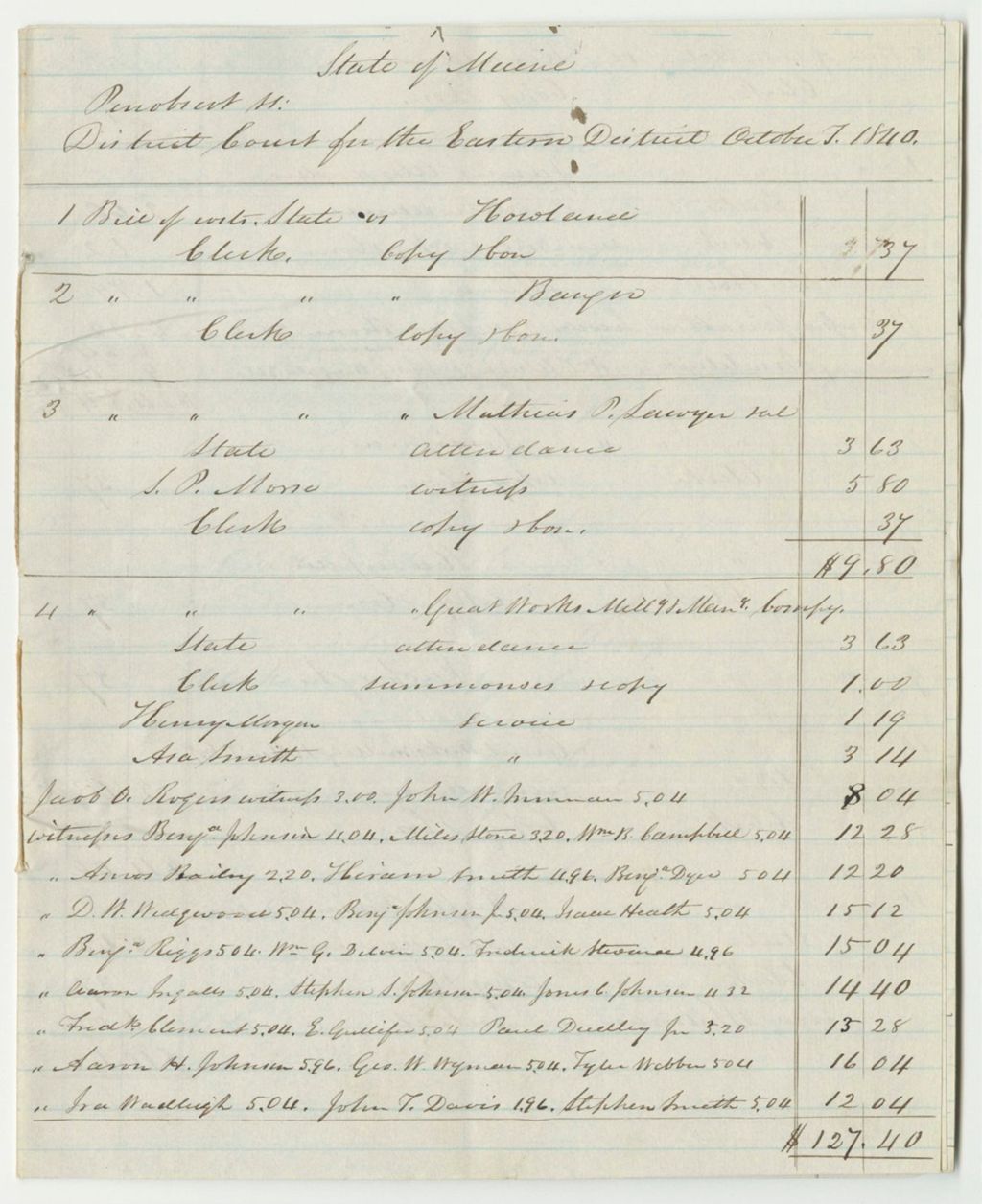 Miniature of Bills of Cost at the District Court for the Eastern District in Penobscot County, October Term 1840