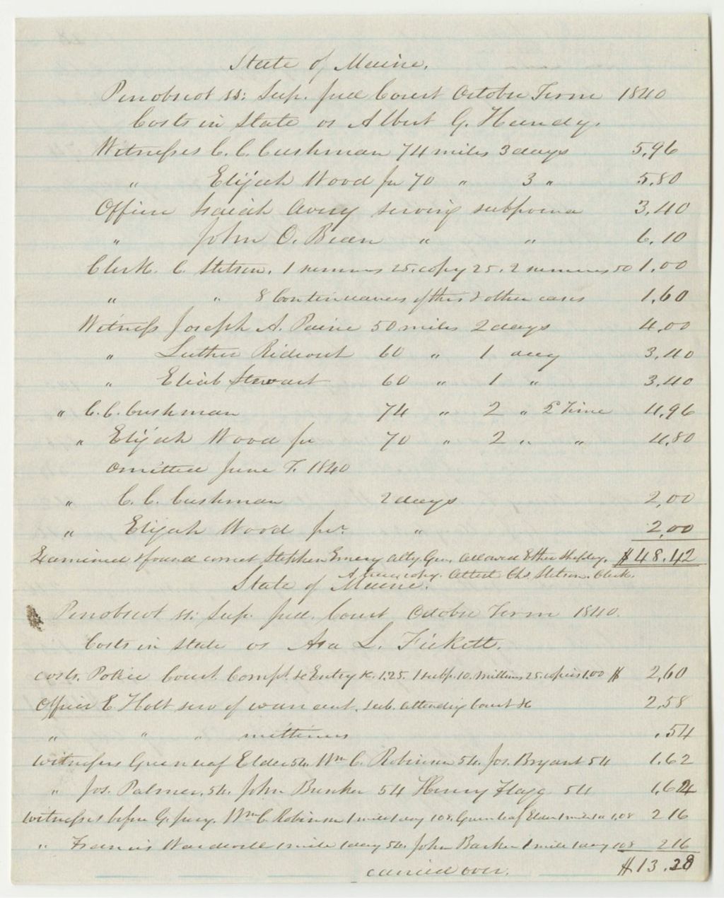 Miniature of Bills of Cost at the Supreme Judicial Court in Penobscot County, October Term 1840