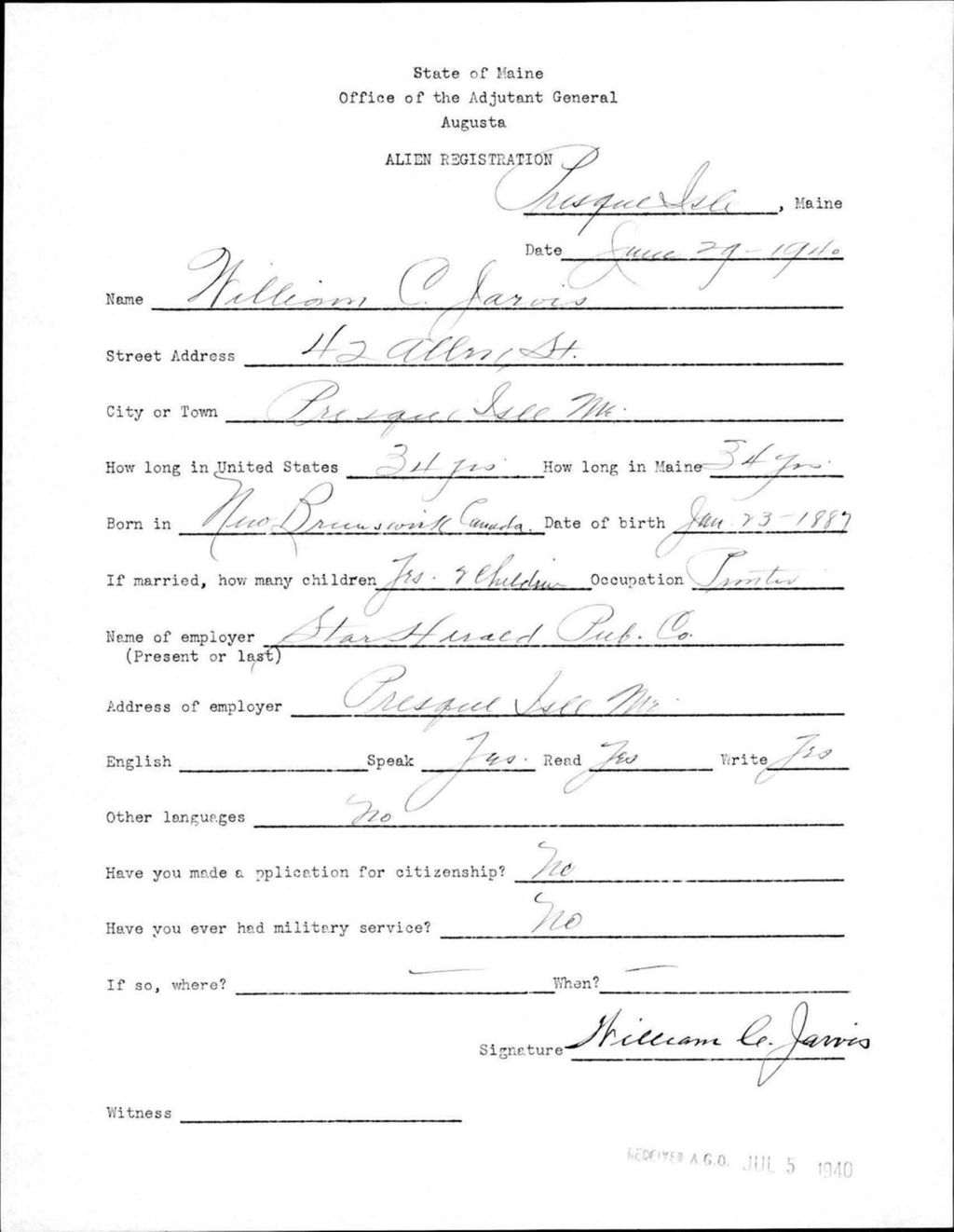 Miniature of Alien Registration- Jarvis, William C. (Presque Isle, Aroostook County)