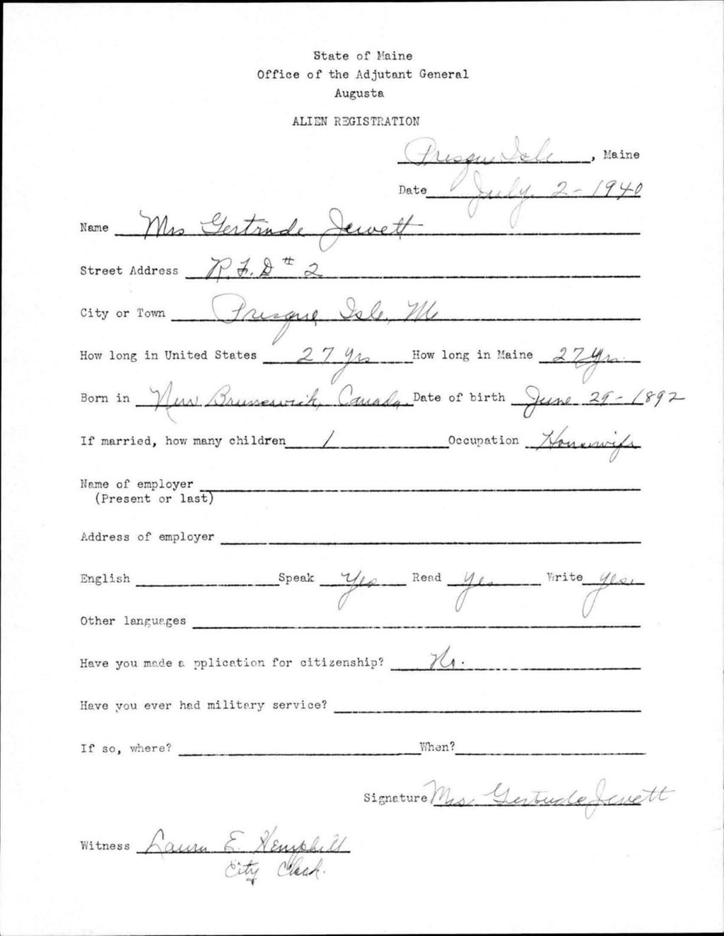 Miniature of Alien Registration- Jewett, Gertrude (Presque Isle, Aroostook County)