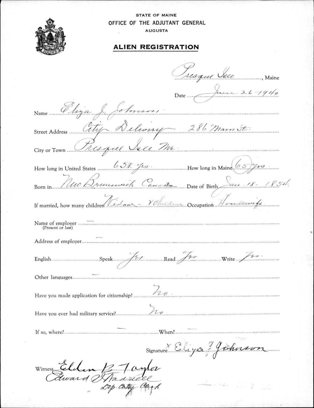 Miniature of Alien Registration- Johnson, Eliza J. (Presque Isle, Aroostook County)