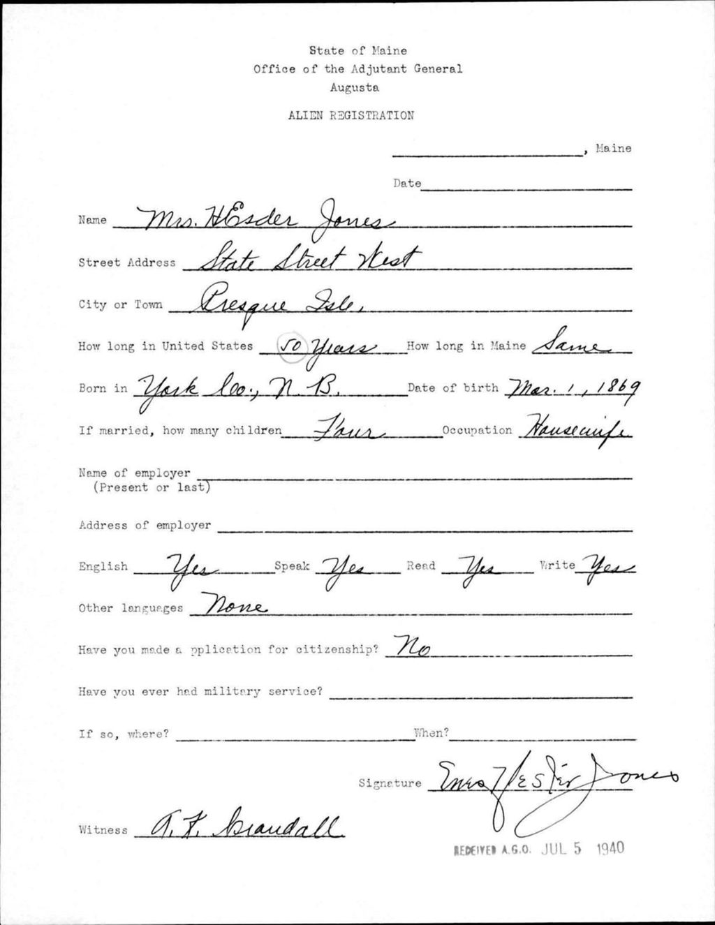 Miniature of Alien Registration- Jones, Hester (Presque Isle, Aroostook County)
