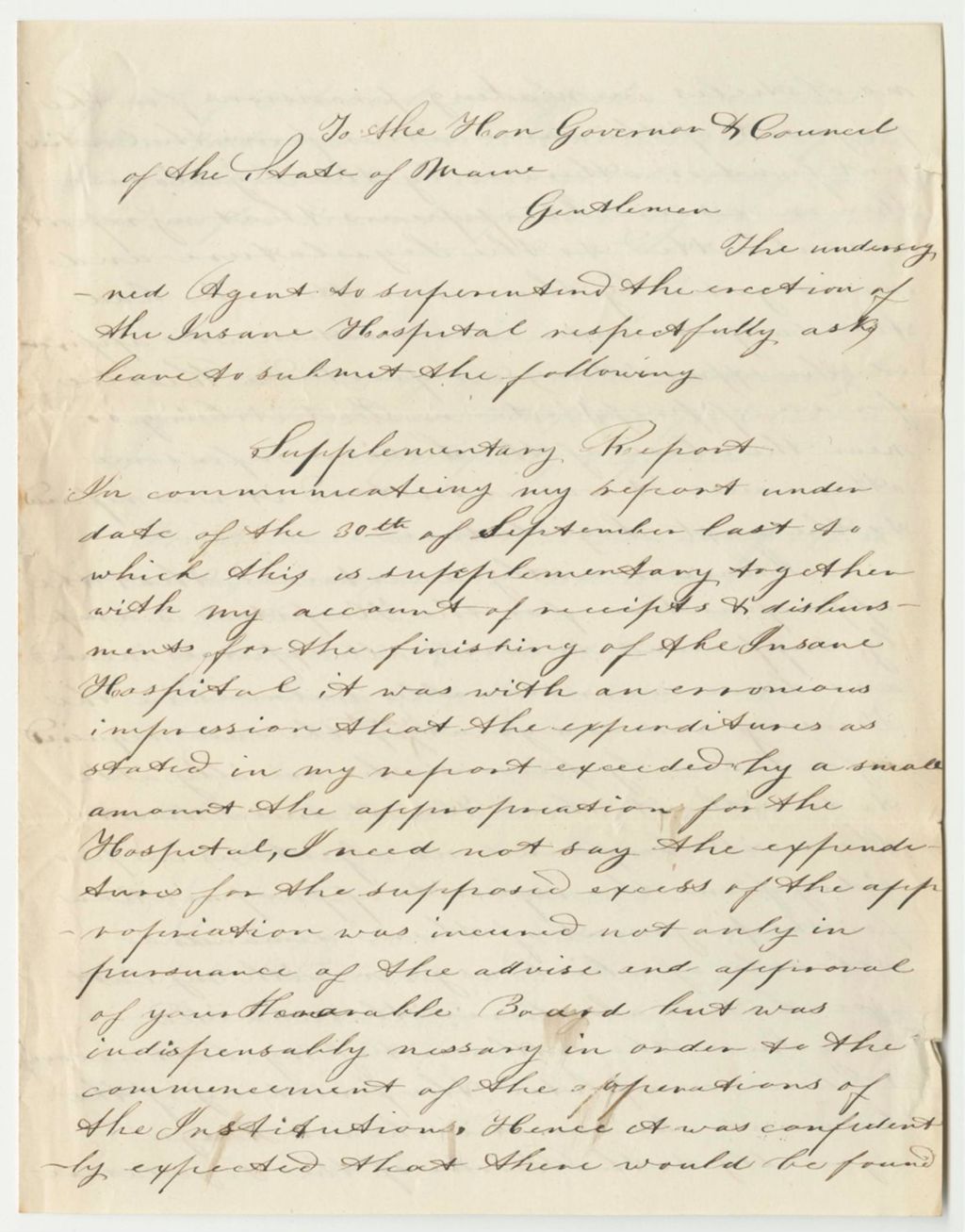 Miniature of Supplementary Report of Henry Winslow, Superintendent of the Insane Hospital