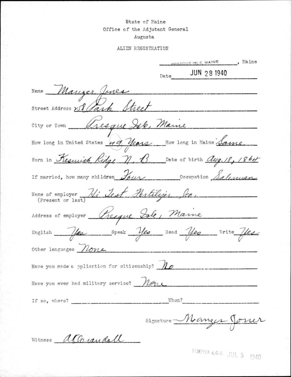Miniature of Alien Registration- Jones, Manzer (Presque Isle, Aroostook County)