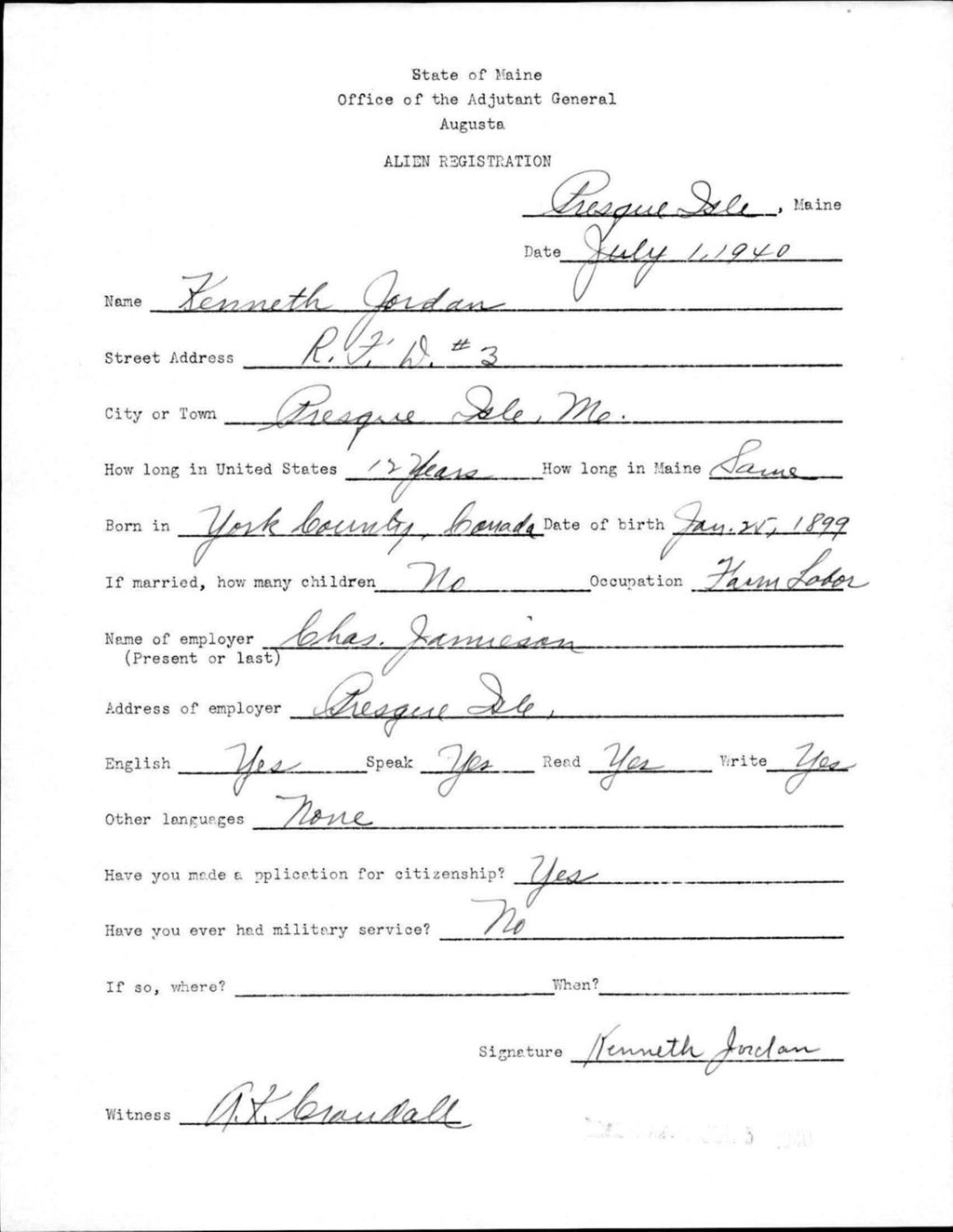 Miniature of Alien Registration- Jordan, Kenneth (Presque Isle, Aroostook County)