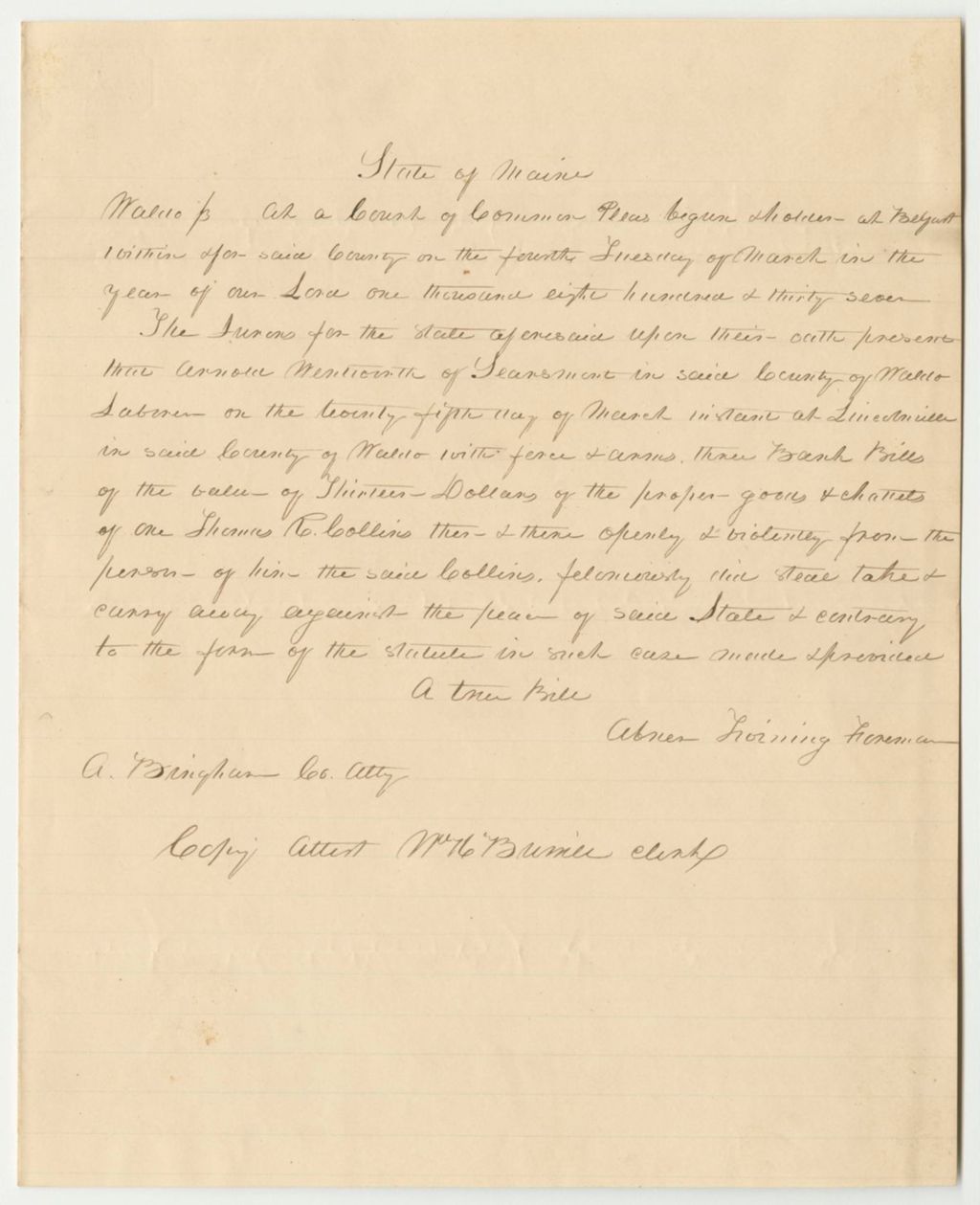 Miniature of State v. Arnold Wentworth, Bill of Cost