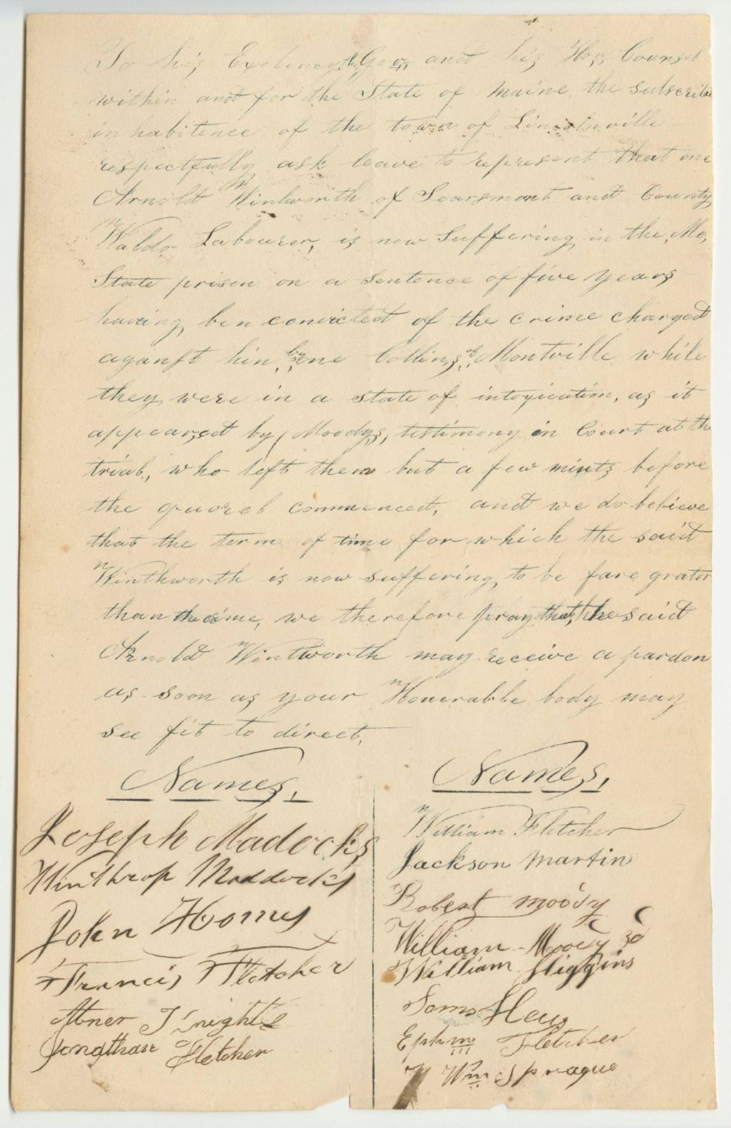 Miniature of Petition of Joseph Madocks and Others for a Pardon of Arnold Wentworth of Searsmont