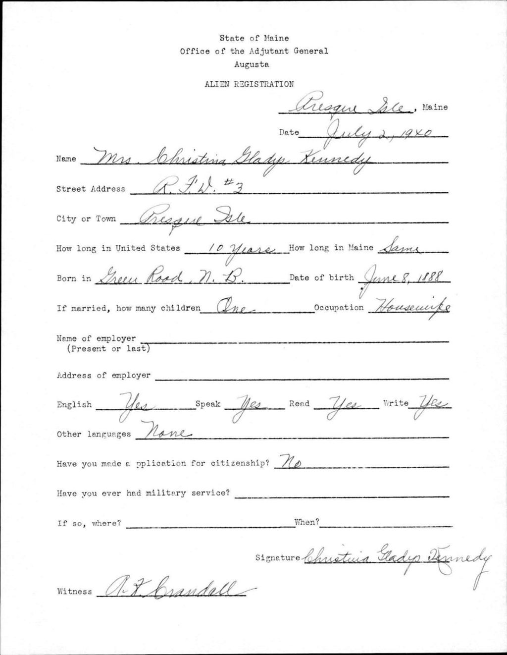 Miniature of Alien Registration- Kennedy, Christina G. (Presque Isle, Aroostook County)