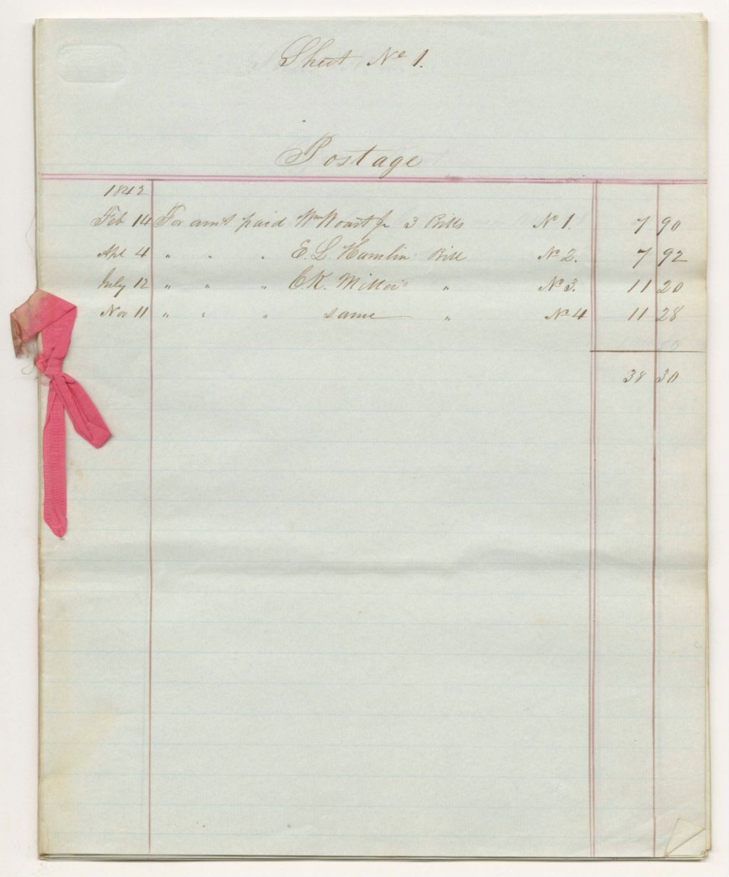 Miniature of Sheets 1-20 from the Account of Levi Bradley, Land Agent, for the year ending December 31st 1842