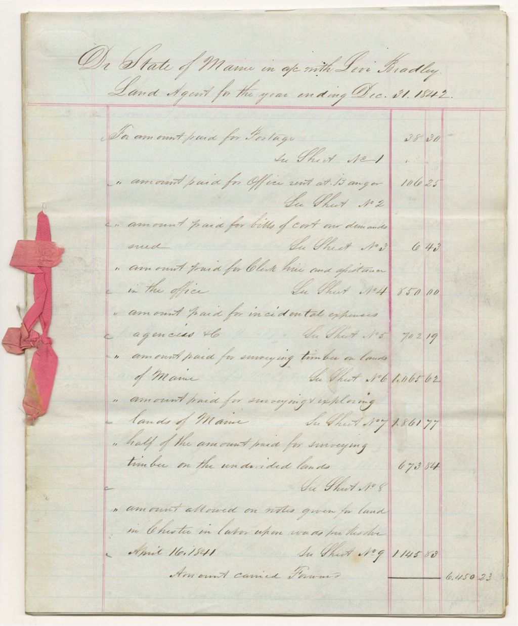 Miniature of Account of Levi Bradley, Land Agent, for the year ending December 31st 1842