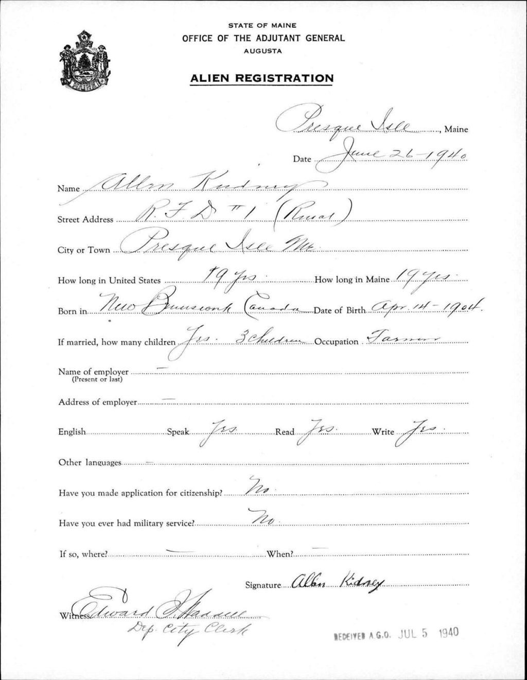 Miniature of Alien Registration- Kidney, Allen (Presque Isle, Aroostook County)