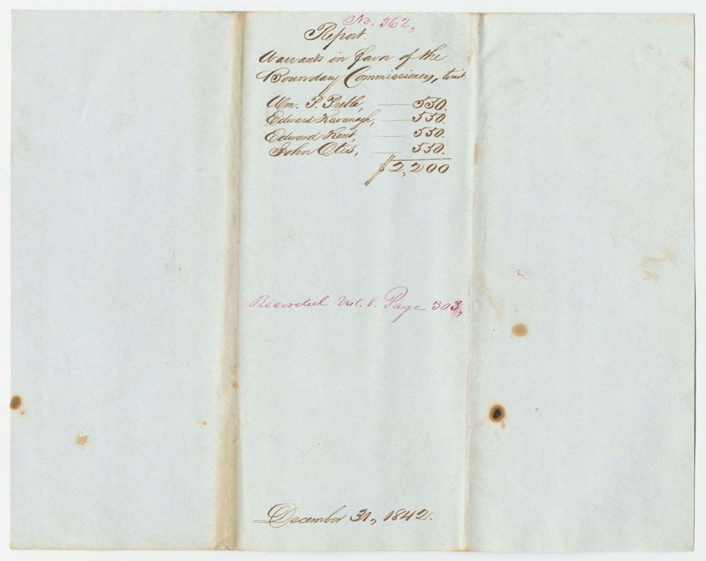 Miniature of Report 362: Report - Warrants in Favor of the Boundary Commissioners; William P. Preble, Edward Kavanagh, Edward Kent, and John Otis