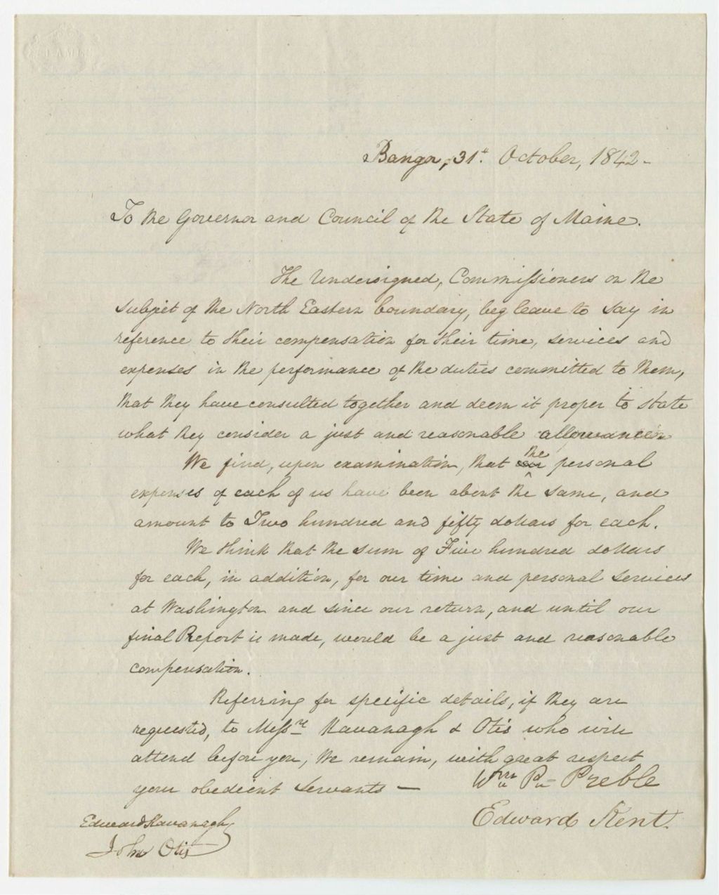 Miniature of Communication from Edward Kent and John Otis, related to compensation for their work on the North Eastern Boundary