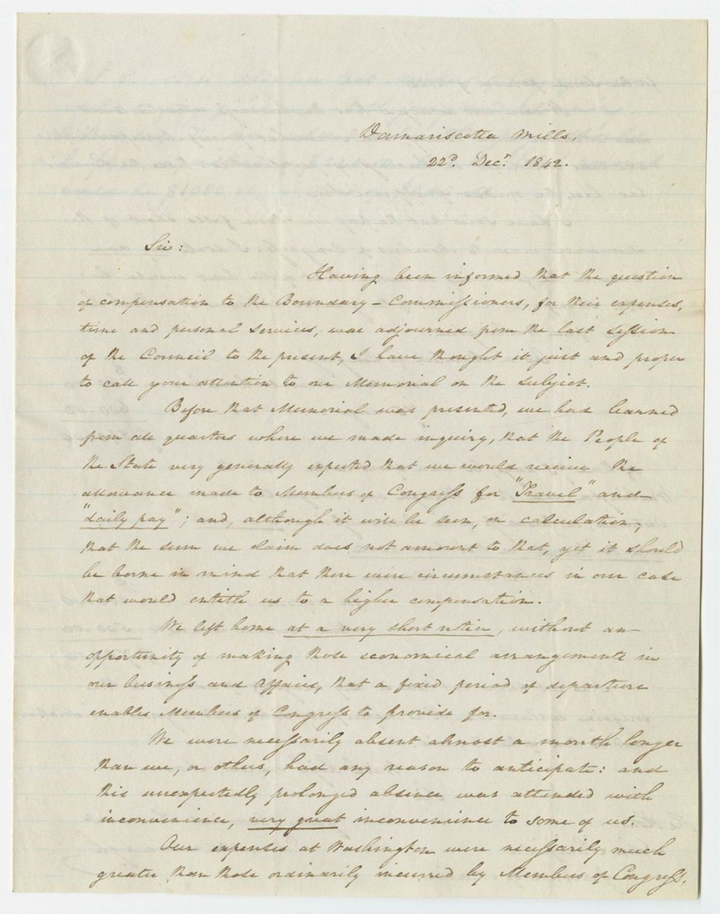 Miniature of Communication from Edward Kavanagh, related to compensation for his work on the North Eastern Boundary