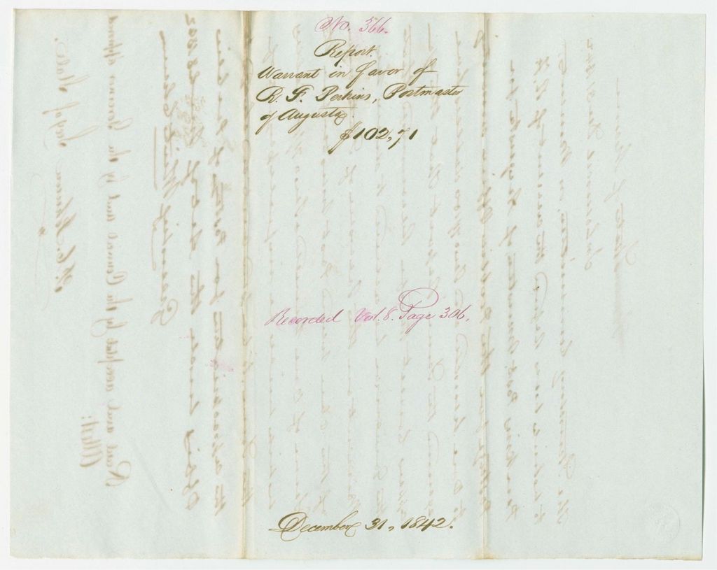Miniature of Report 366: Report - Warrant in Favor of R.F. Perkins, Postmaster of Augusta