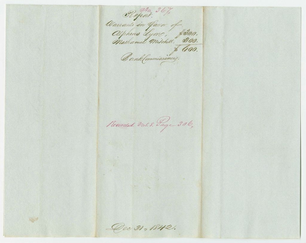 Miniature of Report 367: Report - Warrants in Favor of Alpheus Lyon, Nathaniel Mitchell - Bank Commissioners