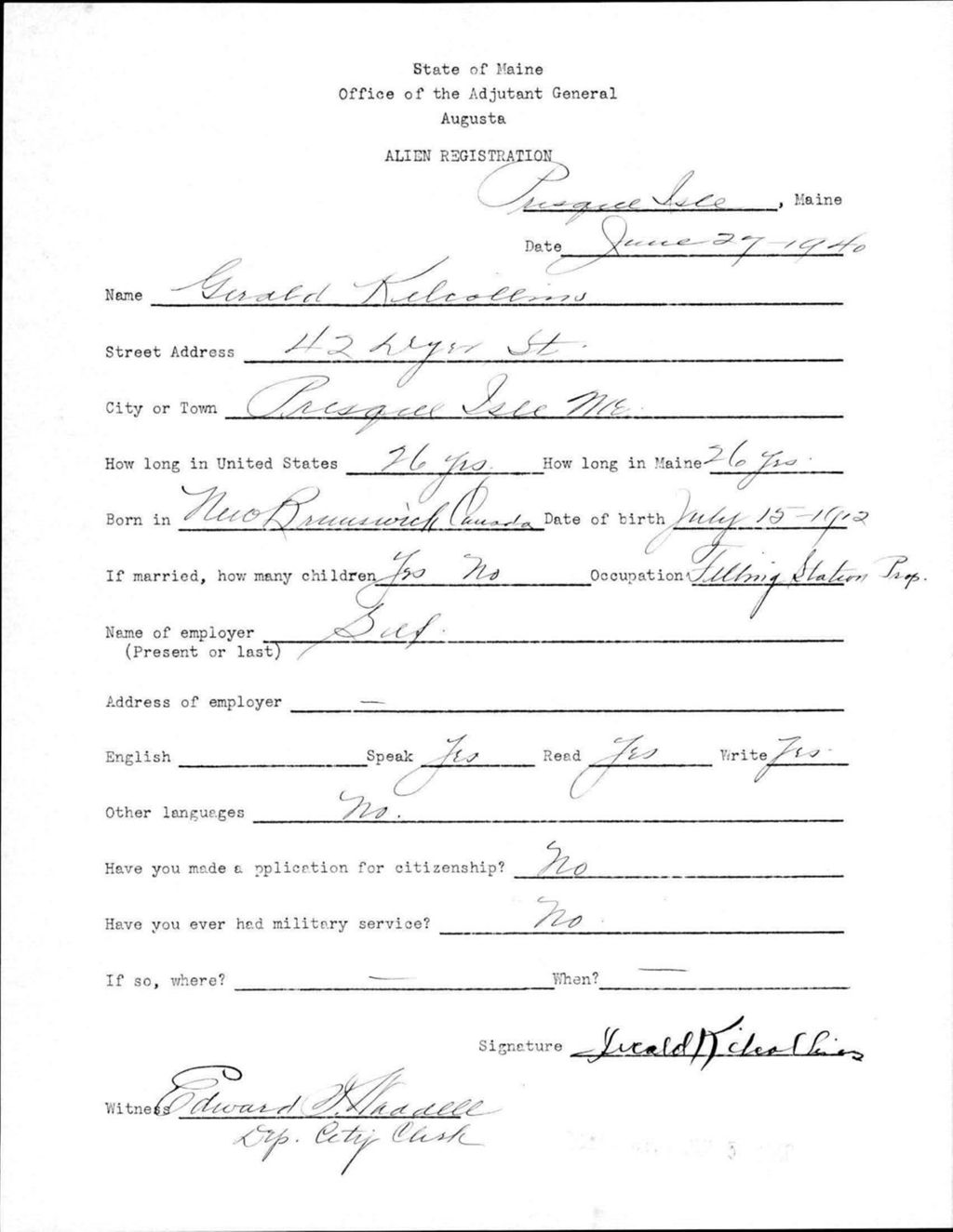 Miniature of Alien Registration- Kilcollins, Gerald (Presque Isle, Aroostook County)