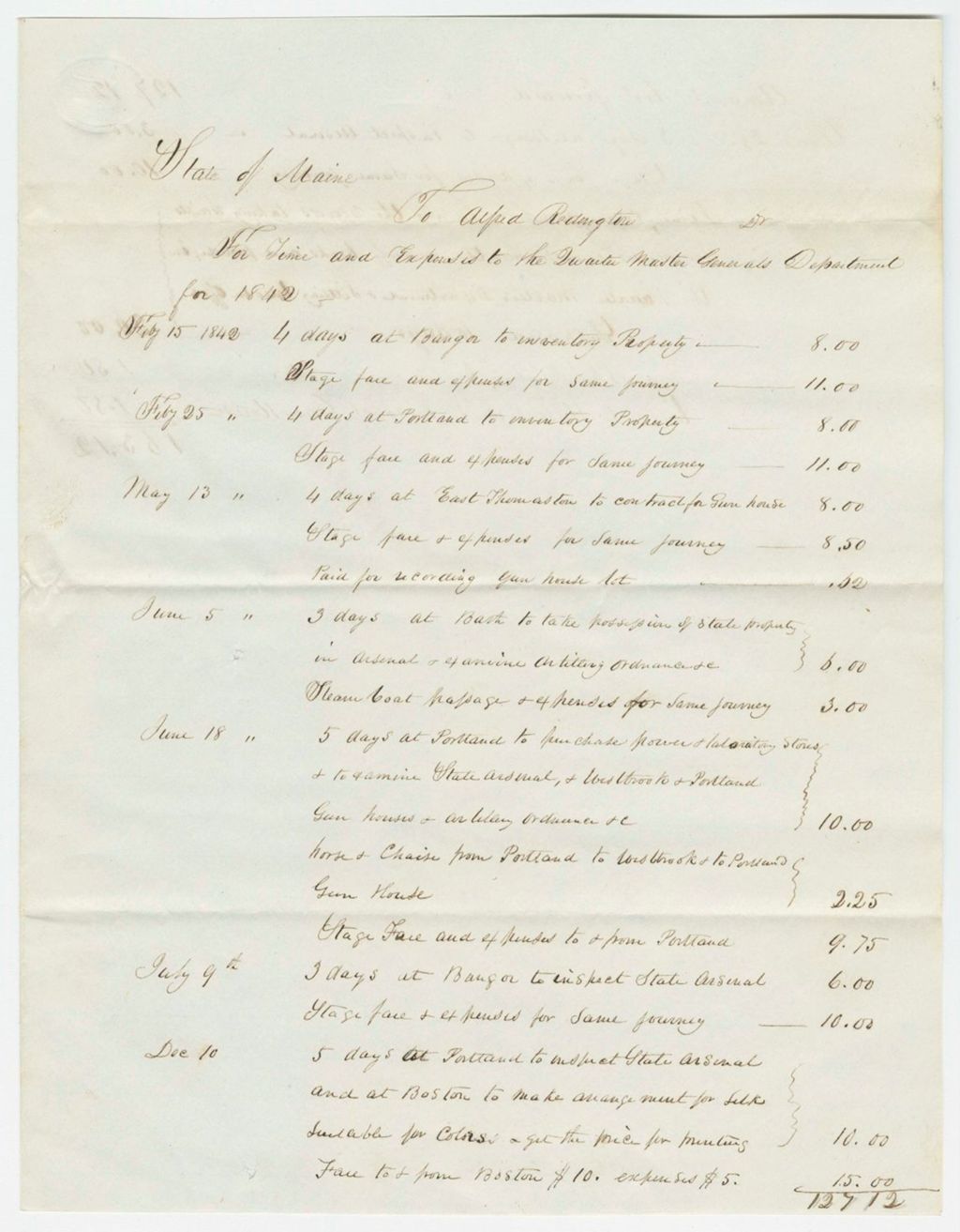 Miniature of Account of A. Redington - Adjutant and Quartermaster General