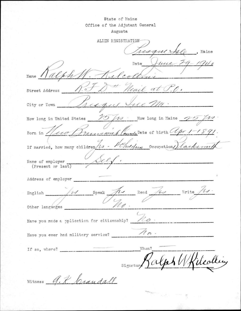 Miniature of Alien Registration- Kilcollins, Ralph W. (Presque Isle, Aroostook County)