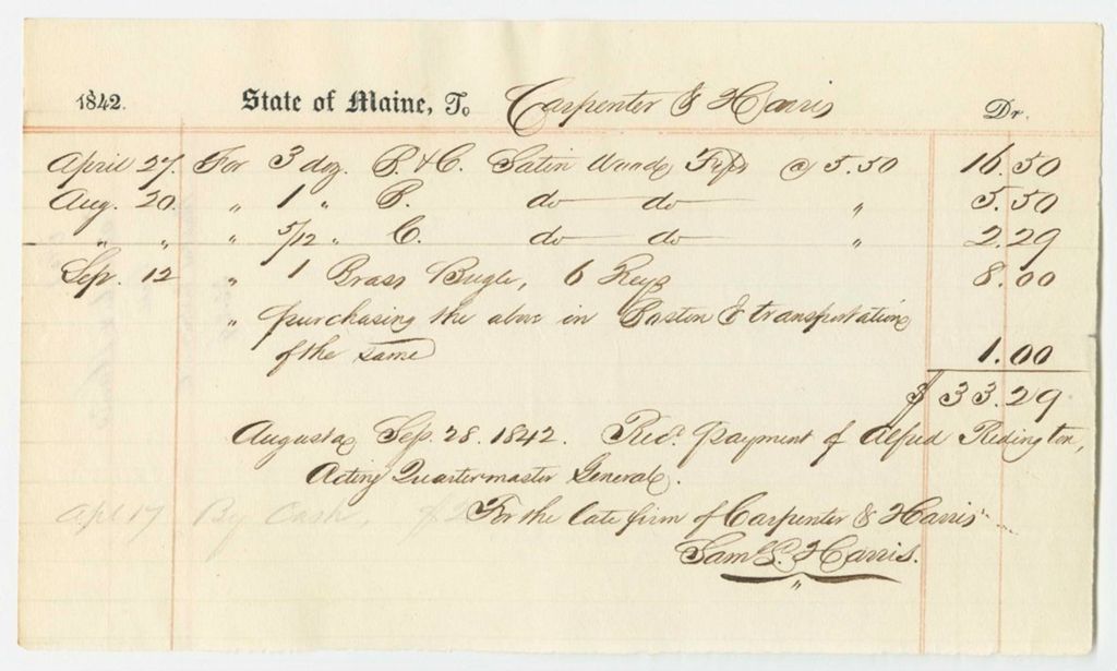 Miniature of Receipts from the 1842 Account of A. Redington, Acting Quarter Master General, for Purchase and Repairs of Musical Instruments